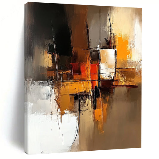 Contemporary abstract art features a warm brown and amber palette with smooth brush strokes and a minimalistic composition highlighted by a dynamic golden ratio design. DLZ0954