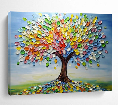 “Colorful Palette Tree” - Blue sky, multicolor leaves, textured trunk, 3D - Like Tree Painting On Canvas HB0593