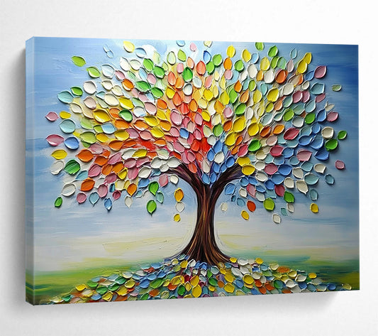 “Colorful Palette Tree” - Blue sky, multicolor leaves, textured trunk, 3D - Like Tree Painting On Canvas HB0593