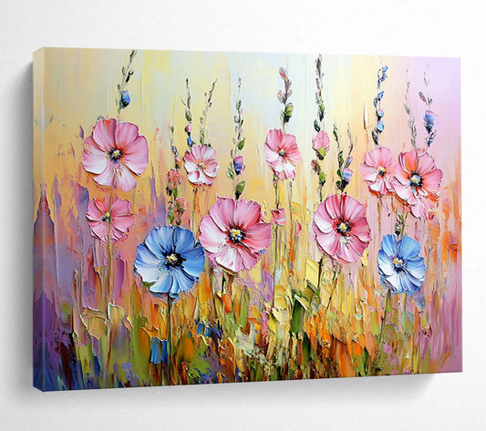 “Vibrant Wildflower Field” - Pinks, Blues, Yellows, Lively Wildflower Meadow - Impasto Oil Painting HB1718