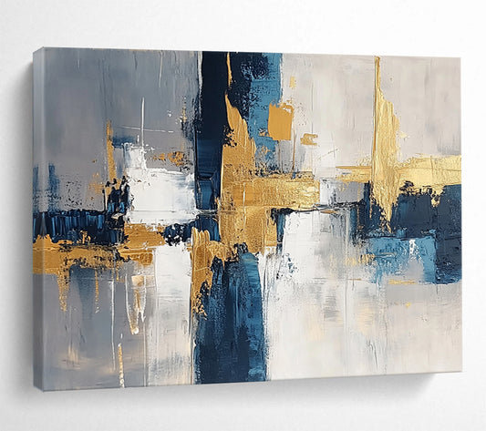 “Geometric Gold - Blue - Gray Abstract” - Gold, Blue, Gray, White, Geometric Forms Painting On Canvas HB0820