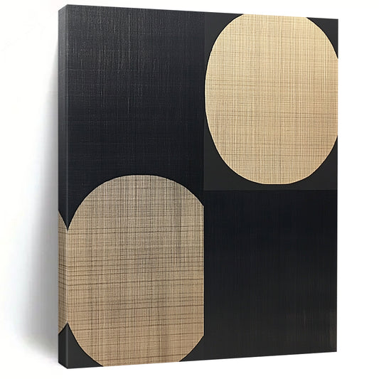 Large contemporary hand-painted abstract artwork features black and beige ovals on a warm wood grain background in a minimalist style. DLZ1600