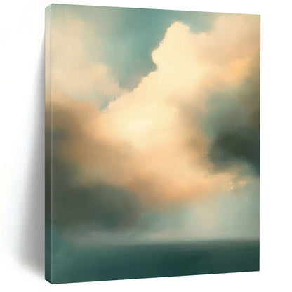 Contemporary abstract oil painting features muted teal and beige clouds over an ocean, creating a serene and captivating atmosphere. DLZ0892