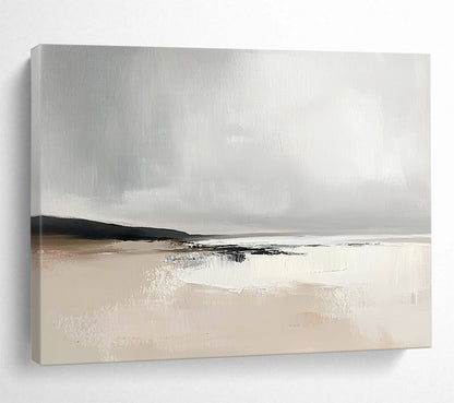 Gray and Beige Abstract Beach Scene - “Misty Shore” Painting On Canvas HB1460