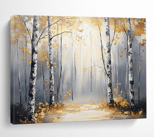 “Sunlit Golden Birch Forest Path” - Gold, Gray, Birch Trees, Forest Path - Abstract Landscape Painting HB1684