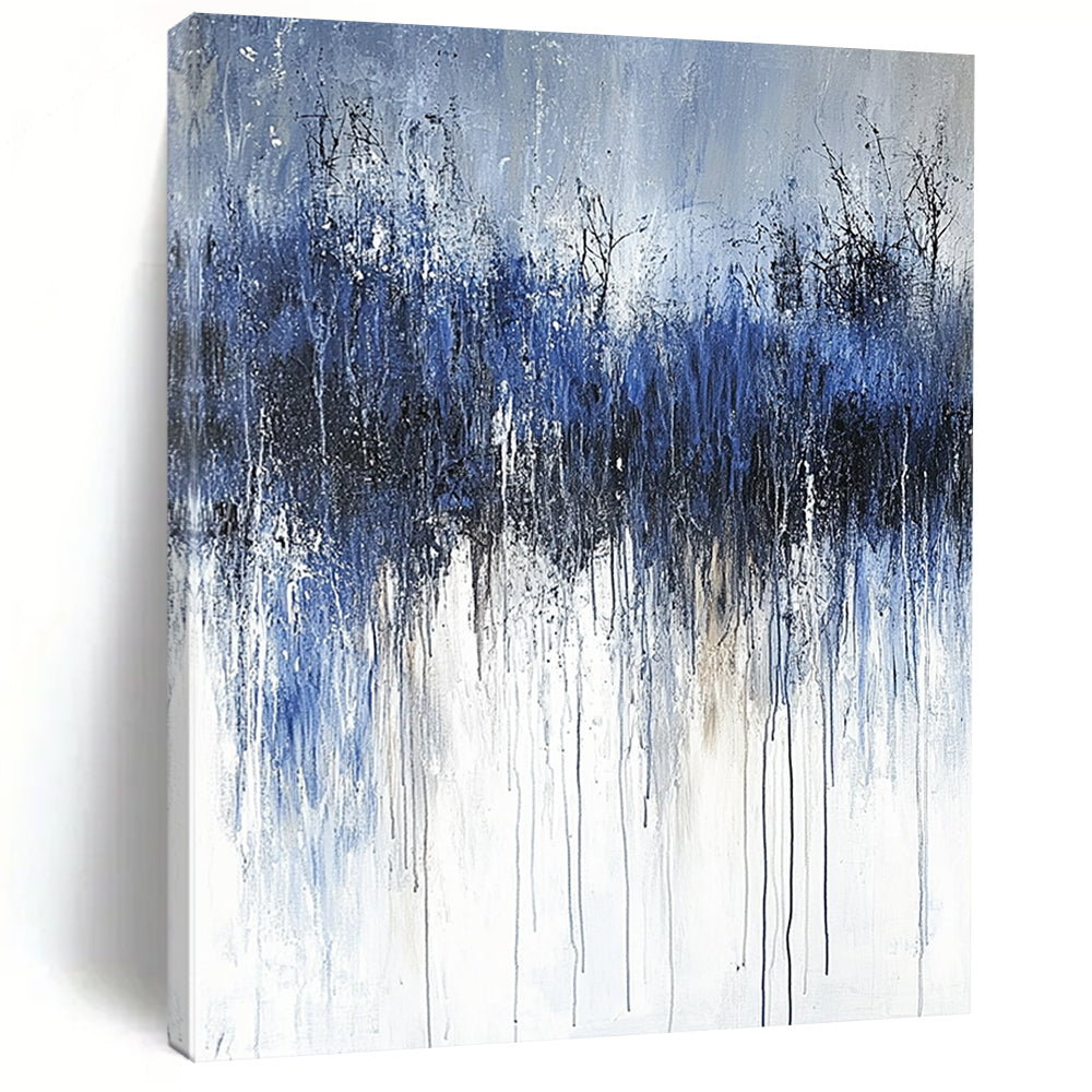 Contemporary abstract painting featuring thick brushstrokes and a cold palette of dark gray and navy blue, evoking feelings of sadness and solitude. DLZ0666