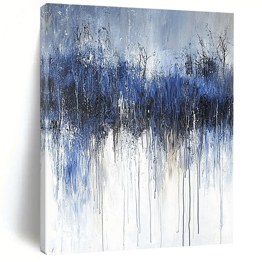 Contemporary abstract painting featuring thick brushstrokes and a cold palette of dark gray and navy blue, evoking feelings of sadness and solitude. DLZ0666