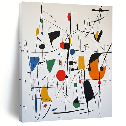 Contemporary abstract artwork featuring expressive shapes in vibrant colors with black red circles green blue squares and dynamic lines evocative of Joan Miró's style. DLZ1511