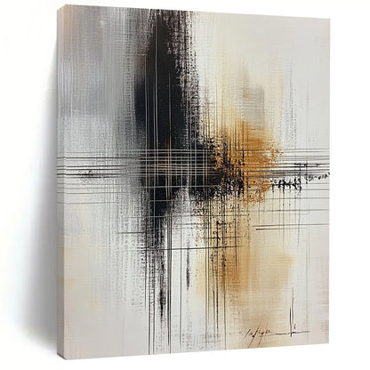 Large contemporary abstract painting featuring bold brushstrokes in black, white, and hints of gold with a central cross line drawing. DLZ0567