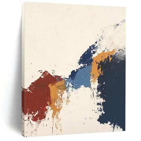 Contemporary abstract artwork featuring vibrant colors and large brushstrokes depicting snow and mountains with fluid lines and minimalist composition. DLZ0642