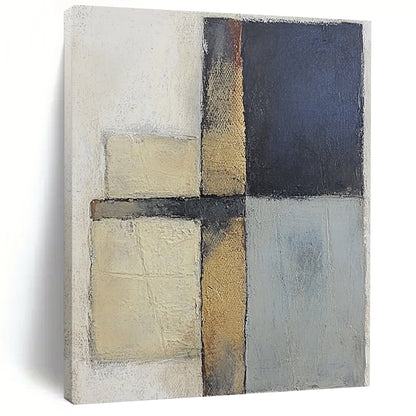 Contemporary abstract painting featuring textured gray and blue squares with serene beige tones on canvas creating a calm and balanced atmosphere. DLZ0983