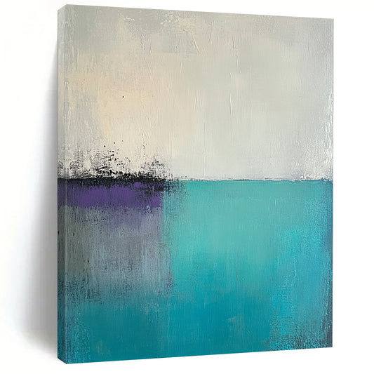 Contemporary abstract artwork features large brush strokes and palette knife textures in light teal gray and greenish-blue with a foggy minimalist landscape and pale purple sky. DLZ0627