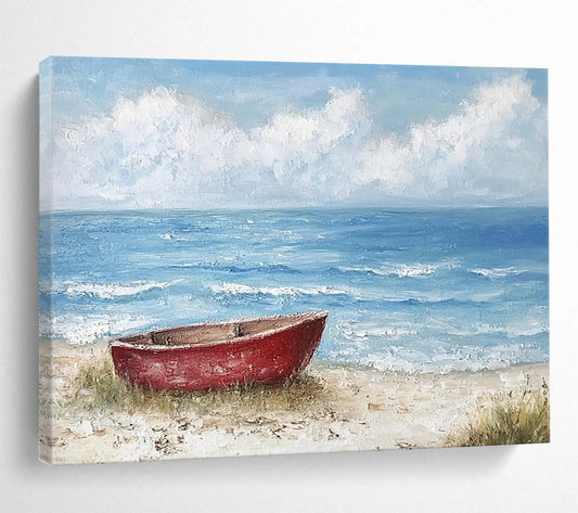 “Red Boat on Calm Beach” - Blue, Red, Beige, Boat on Sandy Shore - Textured Acrylic Painting HB1697