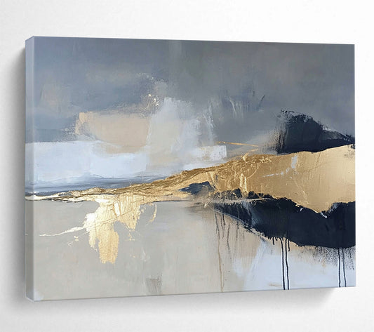 “Gilded Mist” - Gray, Gold, Black, Abstract Textured Landscape Painting On Canvas HB1068