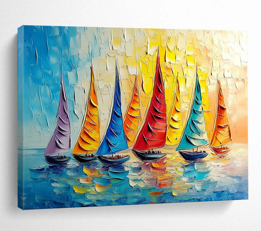 “Rainbow Sailboat Regatta” - Vivid Purples, Oranges, Blues, Colorful Sailboats - Impasto Oil Painting HB1735