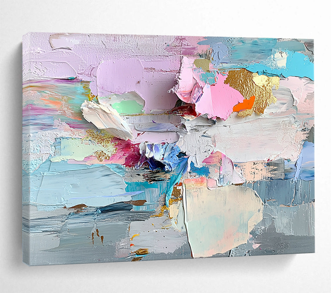 “Colorful Textured Abstract Collage” - Pink, Blue, Gold, Colorful textured abstract shapes - Impasto Oil Painting HB1794