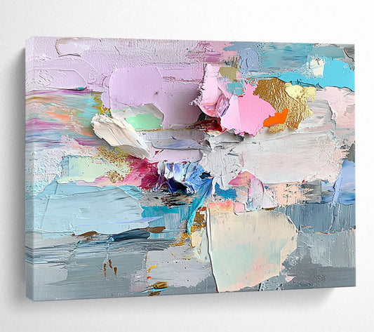 “Colorful Textured Abstract Collage” - Pink, Blue, Gold, Colorful textured abstract shapes - Impasto Oil Painting HB1794