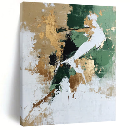 Large contemporary abstract painting featuring white and green tones with gold accents and a dynamic human figure crafted from natural elements. DLZ0780