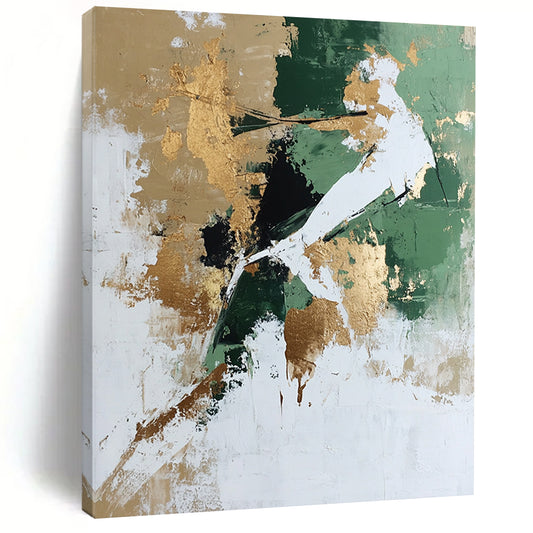 Large contemporary abstract painting featuring white and green tones with gold accents and a dynamic human figure crafted from natural elements. DLZ0780