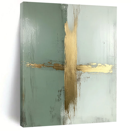 Contemporary hand-painted abstract artwork features a pale sage green and white background with a striking gold-accented vertical cross. DLZ0717