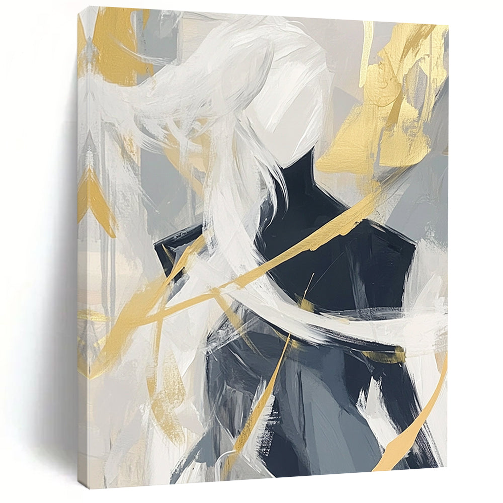 Contemporary hand-painted abstract artwork featuring bold black lines and dynamic brush strokes in white, gray, and gold tones for a striking visual impact. DLZ0830