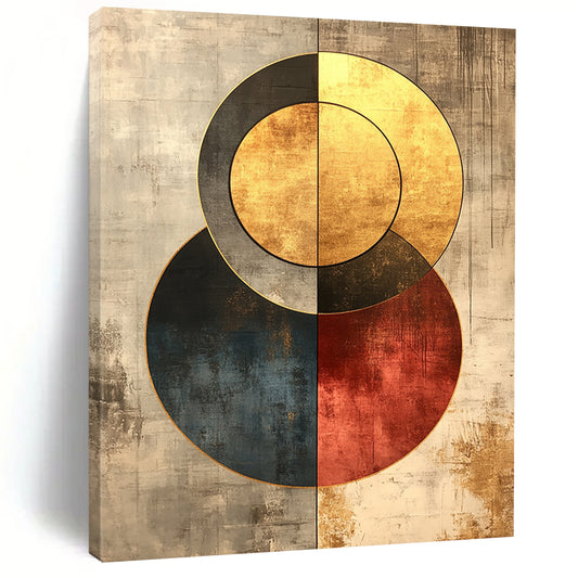 Contemporary hand-painted abstract art in gold and grey features retro circles with a grainy texture and minimalist background for timeless elegance. DLZ0266