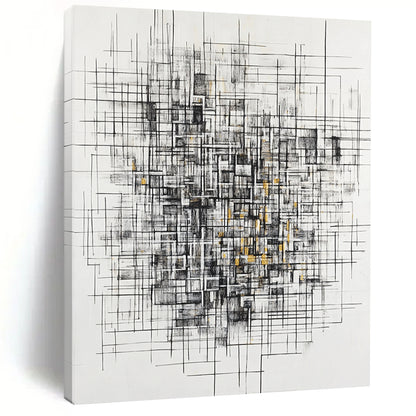 Black, White, Gray, Gold, Tangled Linework "Gilded Chaos Weave" Abstract Expressionist Painting On Canvas HB126