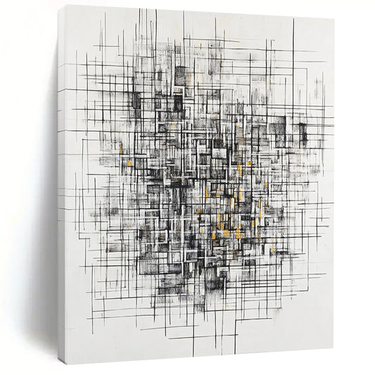 Black, White, Gray, Gold, Tangled Linework "Gilded Chaos Weave" Abstract Expressionist Painting On Canvas HB126