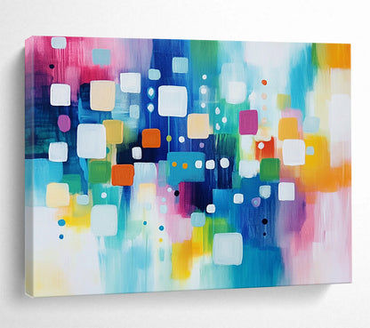“Cheerful Colorful Geometric Squares and Circles” - Pink, blue, green, yellow, white; Abstract geometric squares and circles; Acrylic Painting On Canvas HB1235