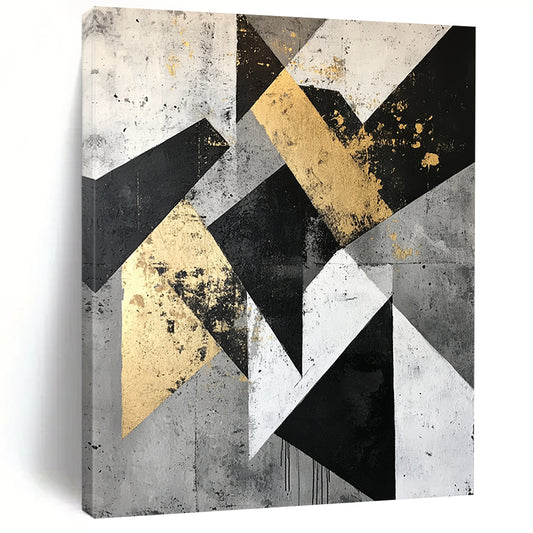 Gold, Black, Gray, White with Angular Shapes "Geometric Edge" Abstract Painting On Canvas HB006