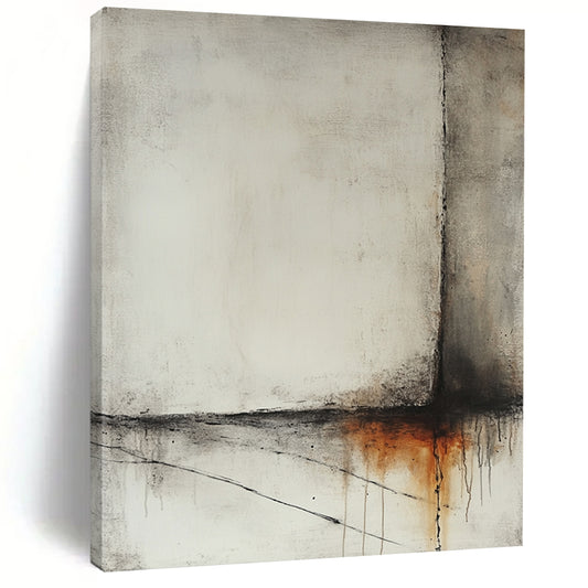 Contemporary abstract artwork featuring a misty ocean scene in light gray and amber tones with minimalistic dry brush techniques and hints of rusted metal. DLZ1004