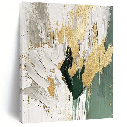 Contemporary abstract artwork featuring a beige and white palette with gold foil accents flowing brush strokes and sage green splashes on a white background. DLZ0906