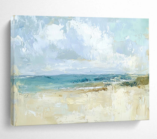 “Abstract Beach Scene” - Blues, Beiges, Whites, Softly Painted Beach and Sky - Abstract Acrylic Painting HB1709