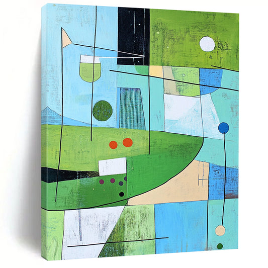 Contemporary abstract painting inspired by golf greens featuring dynamic lines and shapes with subtle color accents. DLZ0596