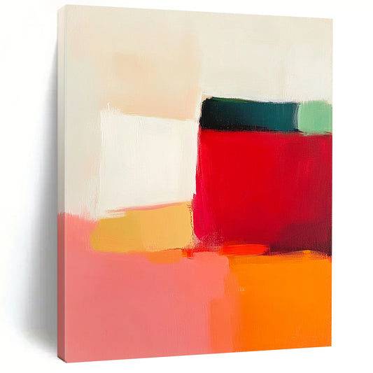 Contemporary hand-painted abstract artwork featuring vibrant reds pinks oranges yellows and whites creating a serene minimalist landscape with soft edges and subtle gradients. DLZ1361