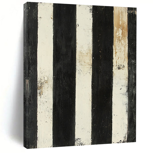 Black, White, Beige, Stripes "Vintage Striped Relic" Abstract Textured Painting On Canvas HB170