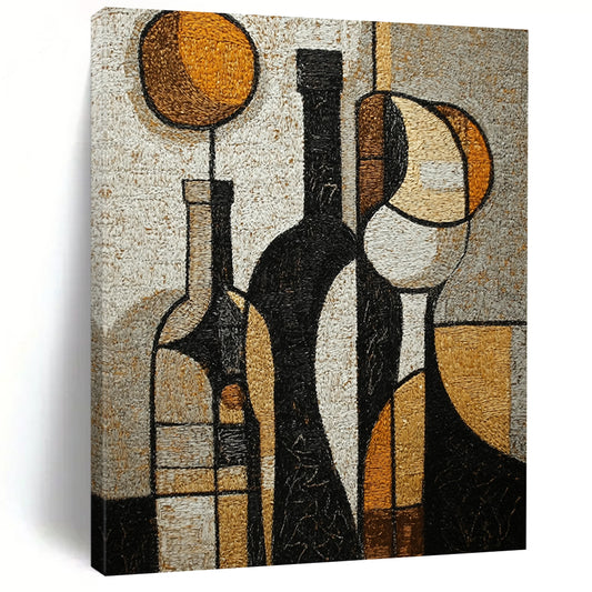 Contemporary hand-painted abstract artwork featuring textured wine bottles and glasses in rich tones of black brown white beige grey and gold. DLZ1427