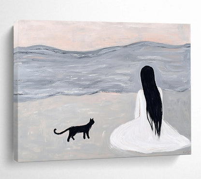 “Woman and Cat by the Sea” - A woman and a black cat sitting by the sea, Minimalist Figurative Painting On Canvas HB0554