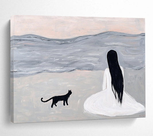 “Woman and Cat by the Sea” - A woman and a black cat sitting by the sea, Minimalist Figurative Painting On Canvas HB0554