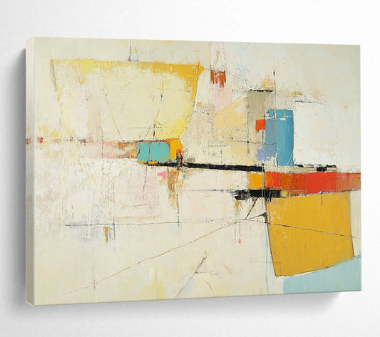 “Soft Color Abstract Composition” - Yellow, Blue, Red, Pink, Gray, White, Mixed Shapes - Painting On Canvas HB1440
