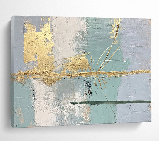 “Gold Accents on Pastel Abstract” - Light blue, gray, white, gold; Abstract with gold brushstrokes; Acrylic Painting On Canvas HB1246