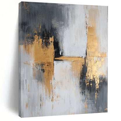 Large contemporary abstract painting featuring gray and gold tones with textured brush strokes that evoke calmness and tranquility on a spacious canvas. DLZ0709