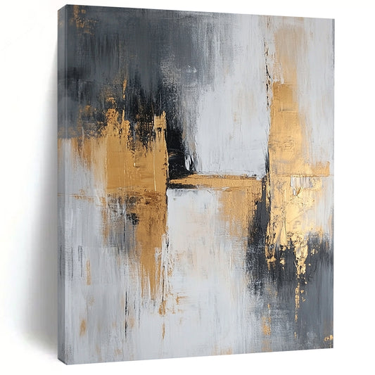 Large contemporary abstract painting featuring gray and gold tones with textured brush strokes that evoke calmness and tranquility on a spacious canvas. DLZ0709