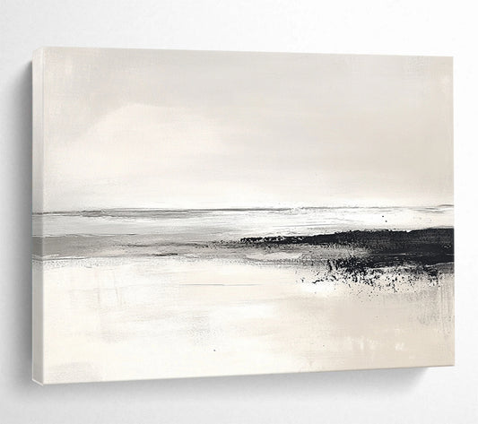 “Monochrome Coastline” - Black, White, Gray, Textured Shore and Calm Sea Painting On Canvas HB0932