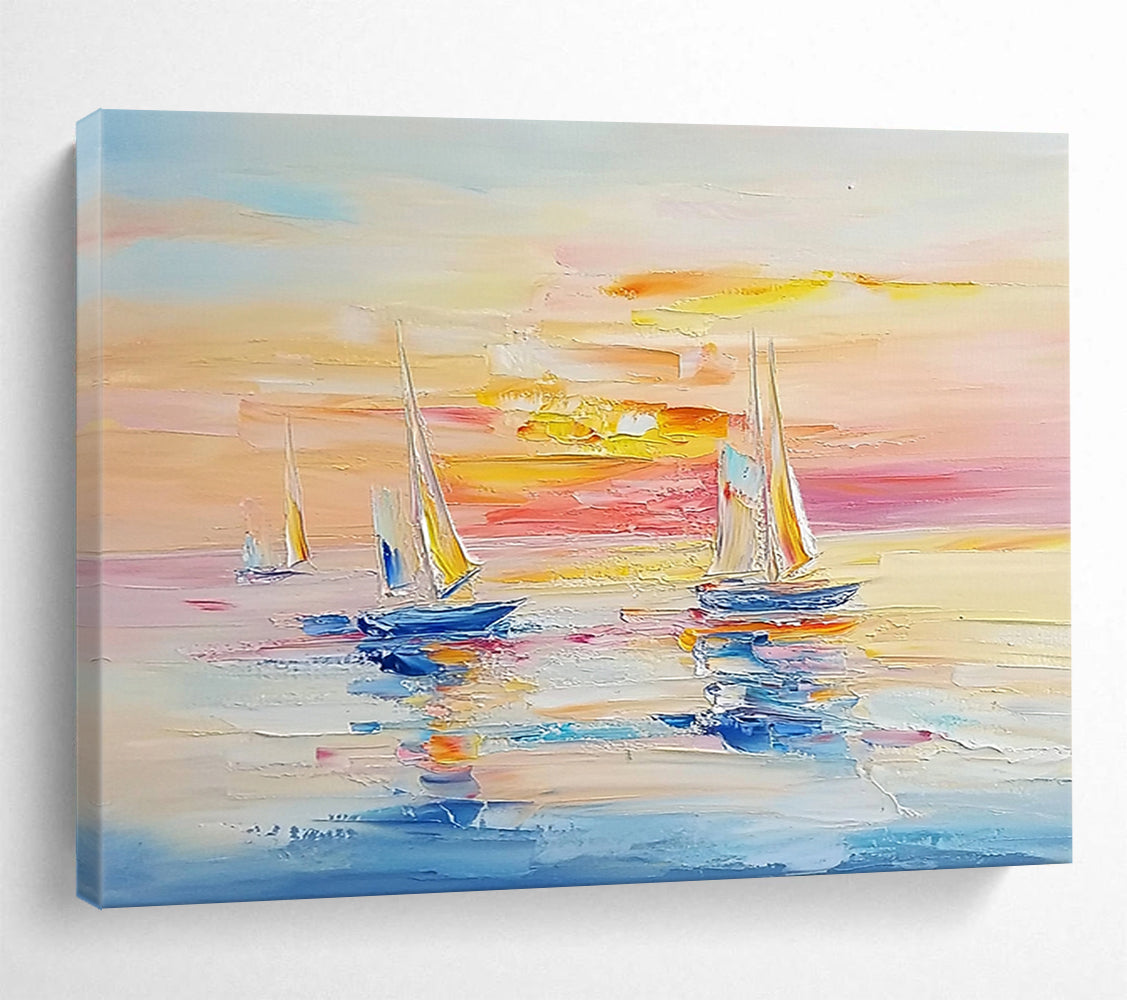 Sailboats at Sunset on Calm Waters - Impressionistic Seaside Painting On Canvas HB0454