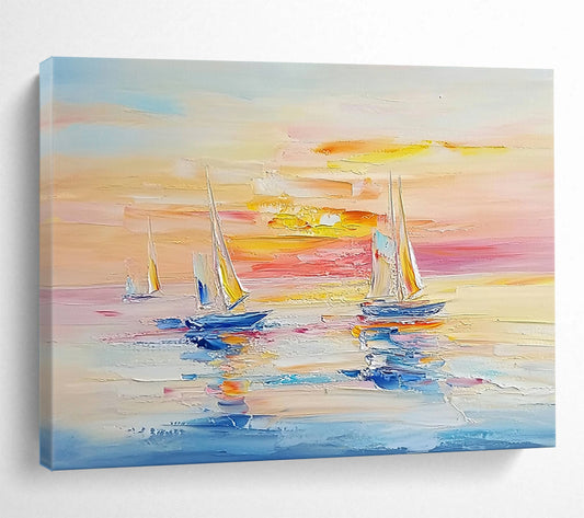 Sailboats at Sunset on Calm Waters - Impressionistic Seaside Painting On Canvas HB0454