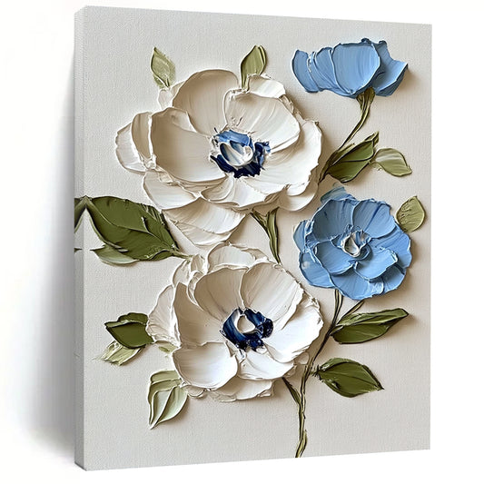 Contemporary abstract artwork featuring vibrant white and blue flowers on a white background with textured leaves and bold impasto strokes. DLZ1733
