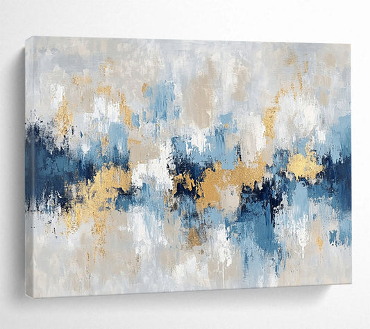 “Soft Gold - Blue - Gray Abstract Landscape” - Gold, Blue, Gray, White, Beige, Gentle Shapes Painting On Canvas HB0822