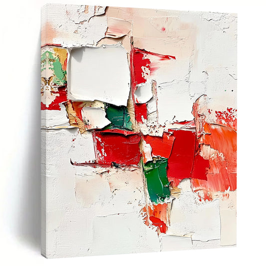 Contemporary abstract artwork showcasing torn pieces in red, green, and white with thick layers, brush strokes, and expressive paint splatters on an off-white background. DLZ0661