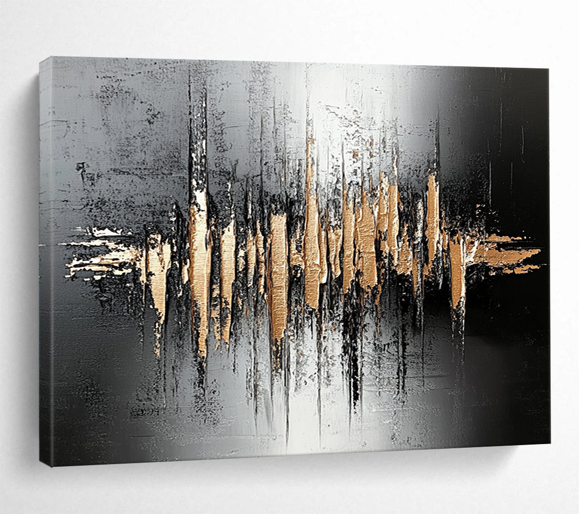 “Gold - Black Soundwave Textures” - Black, Gold, Soundwave Shapes Painting On Canvas HB0804